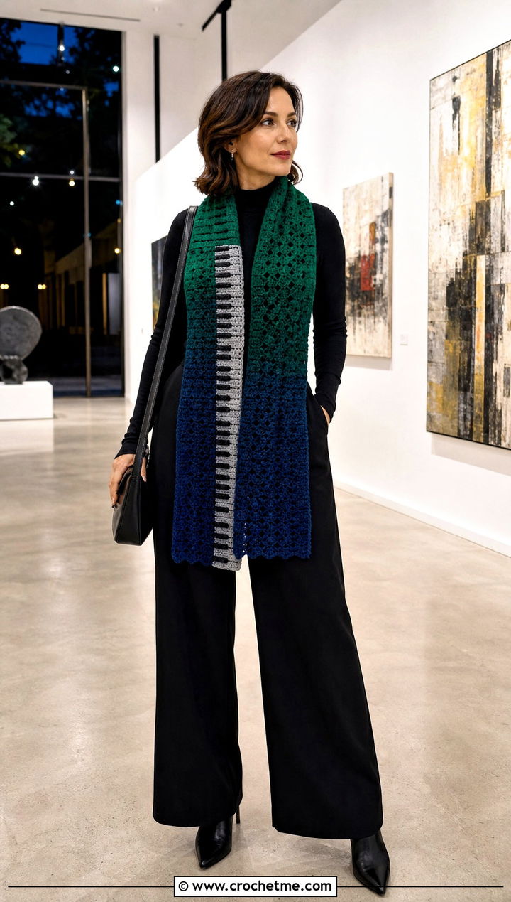 Gradient Piano Scarf With Minimal Black Outfit - 35 crochet piano scarf outfit ideas