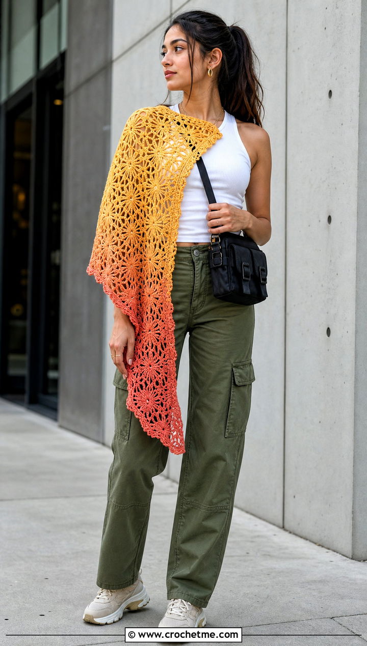 Gradient Pineapple Crochet Shawl With Cargo Pants - 25 pineapple crochet shawl outfit ideas
