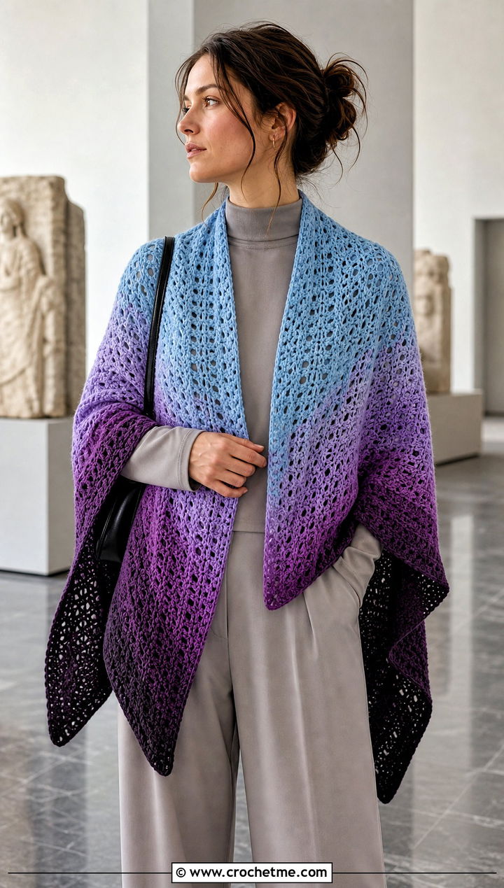 Gradient Rectangle Crochet Shawl With Monochrome Outfit - 20 Rectangle Crochet Shawls outfit ideas