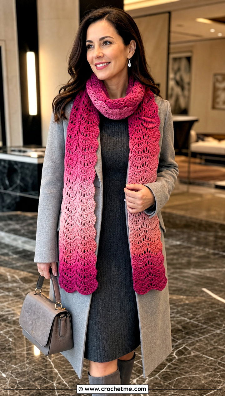 Gradient Ripple Stitch Crochet Scarf With Knit Dress - 15 ripple stitch crochet scarf outfit ideas