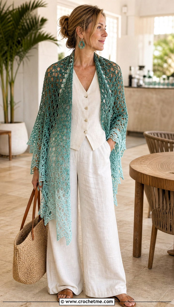 Gradient Spiderweb Crochet Shawl With Linen Set - 30 spiderweb crochet shawl outfit ideas
