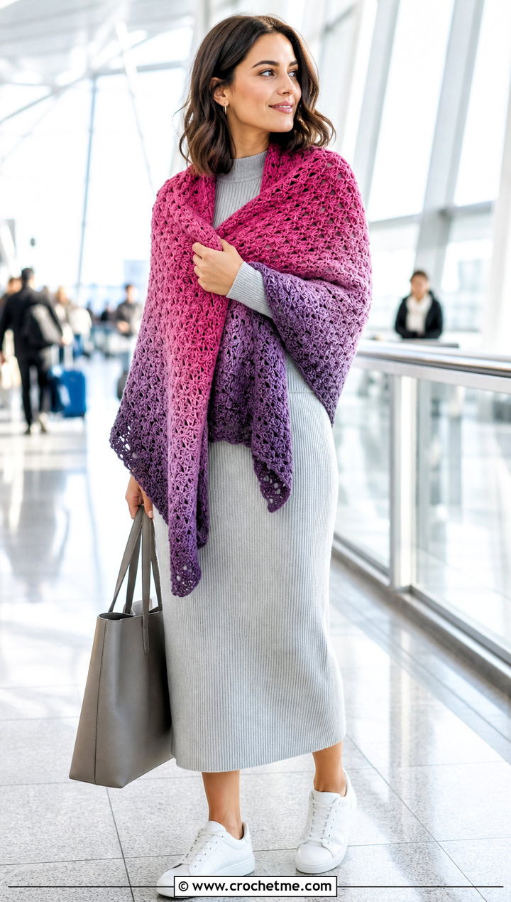 Gradient Star Stitch Crochet Shawl With Knit Set - 30 star crochet shawl outfit ideas