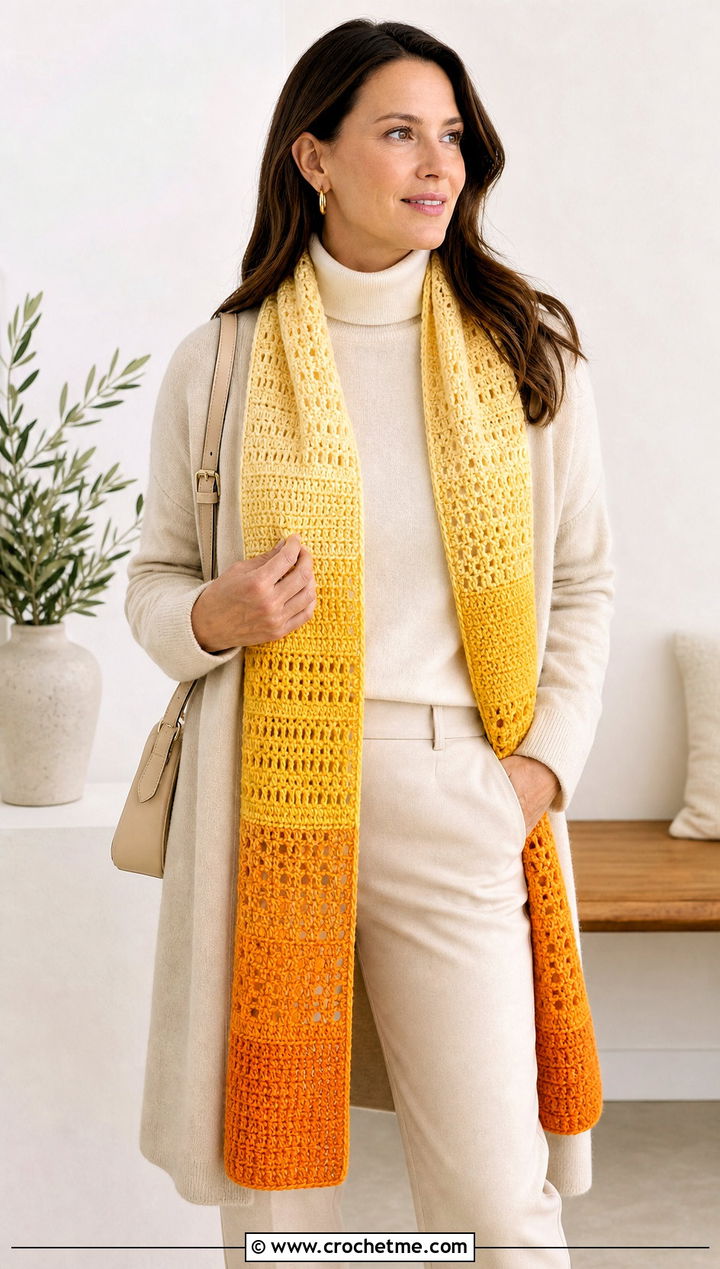 Gradient Stitch Sampler Scarf With Monochrome Outfit - 20 Crochet Stitch Sampler Scarf outfit ideas