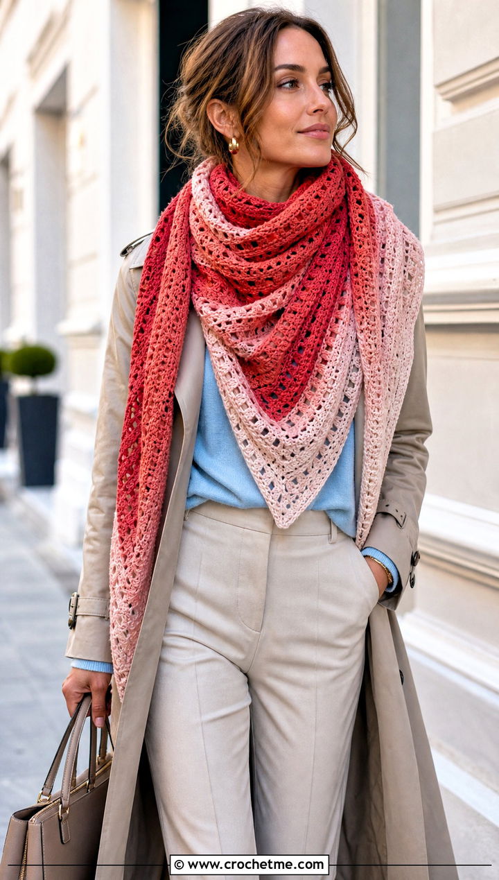 Gradient Stripe Lace Triangle Shawl With A Trench Coat - 20 Crochet Lace Triangle Shawl outfit ideas