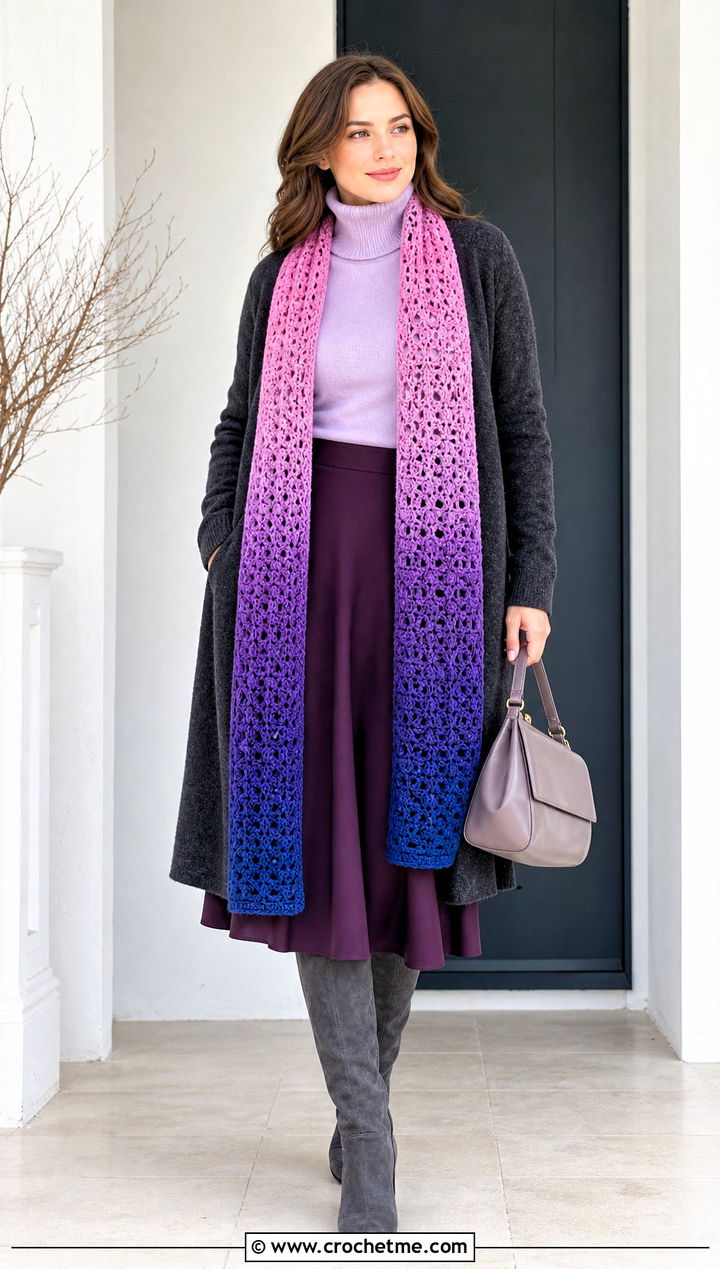 Gradient Tapestry Crochet Scarf With Tonal Layers - 35 tapestry crochet scarf outfit ideas