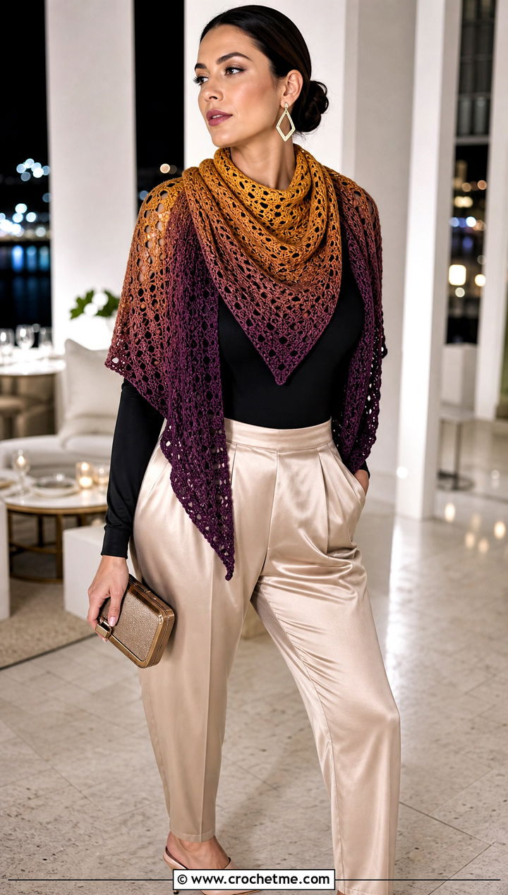 Gradient Triangle Crochet Shawl With Evening Separates - 25 triangle crochet shawls outfit ideas