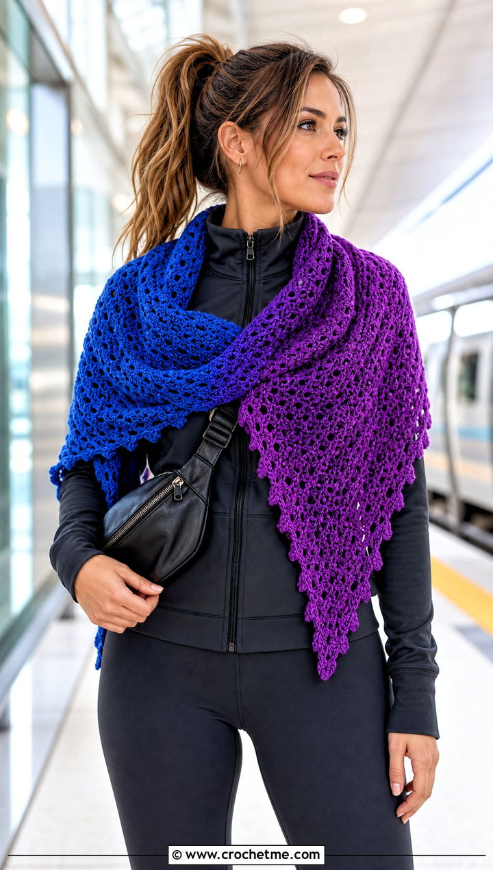 Gradient Triangle Crochet Shawl With Monochrome Athleisure - 35 triangle crochet shawl outfit ideas