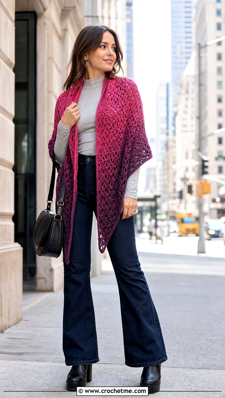 Gradient Triangle Shawl With Flared Jeans - 30 boho crochet shawl outfit ideas