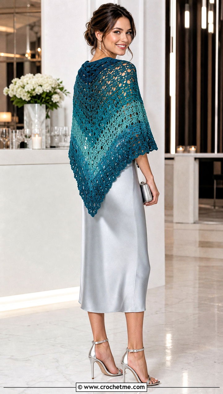Gradient Triangle Shawl With Satin Slip Dress - 35 Easy Simple Crochet Triangle Shawl outfit ideas