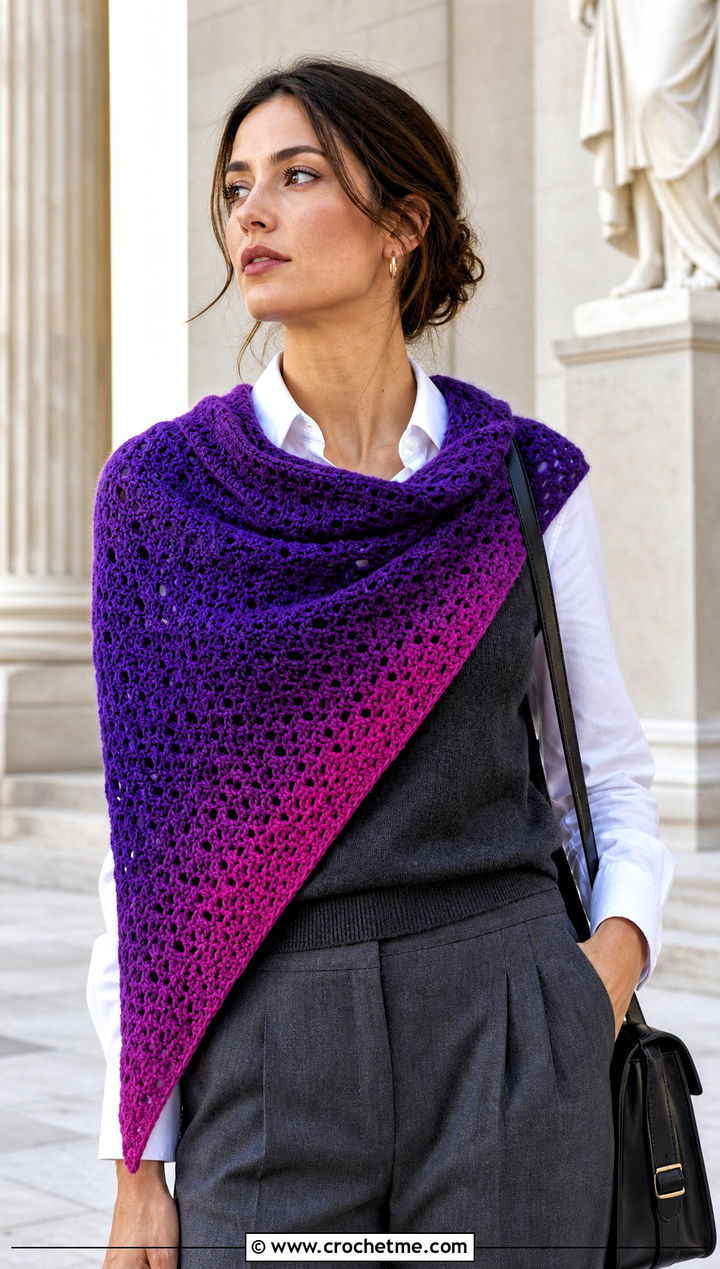 Gradient Triangle Shawl With Sweater Vest And Trousers - 30 easy crochet triangle shawl outfit ideas