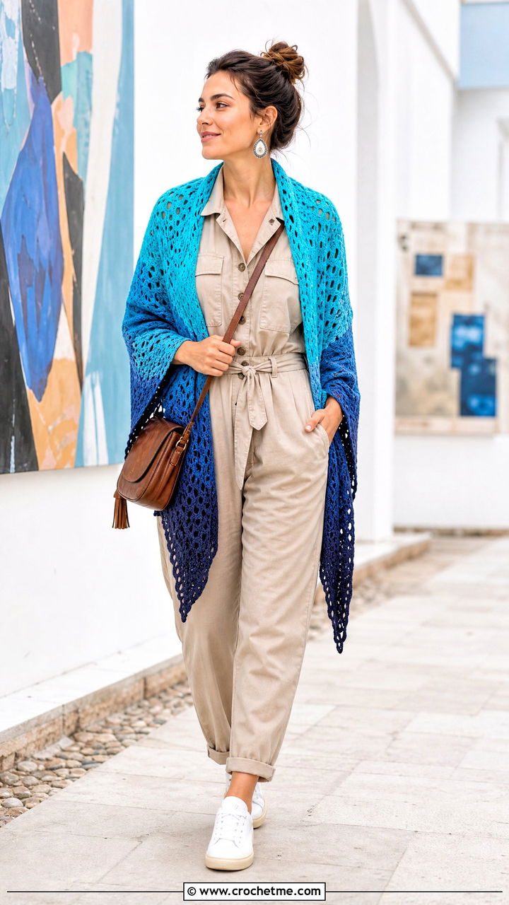 Gradient Triangle Shawl With Utility Jumpsuit - 35 crochet triangle shawl outfit ideas