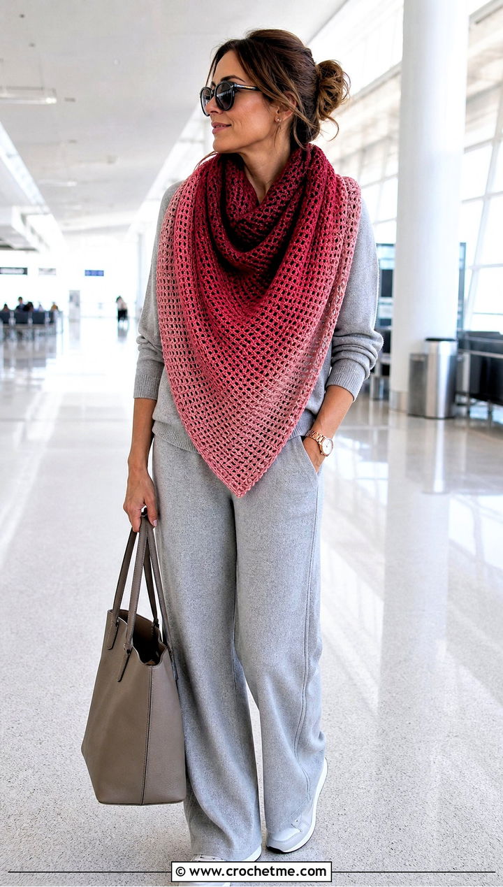 Gradient Tunisian Crochet Triangle Shawl With Knit Set - 25 Tunisian Crochet Triangle Shawl outfit ideas