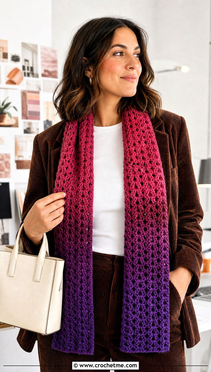 Gradient V Stitch Crochet Scarf With Corduroy Suit - 25 v stitch crochet scarf outfit ideas
