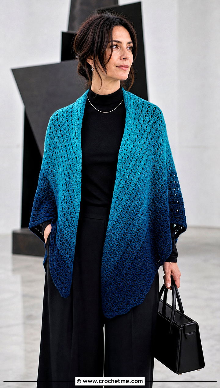Gradient V Stitch Crochet Shawl With Monochrome Outfit - 25 V Stitch Crochet Shawl outfit ideas