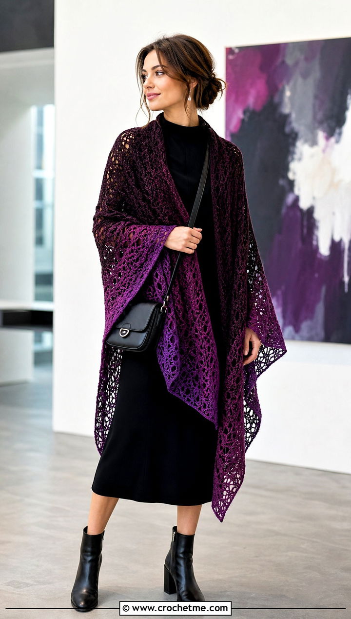 Gradient Virus Shawl With Black Dress And Boots - 15 crochet virus shawls outfit ideas
