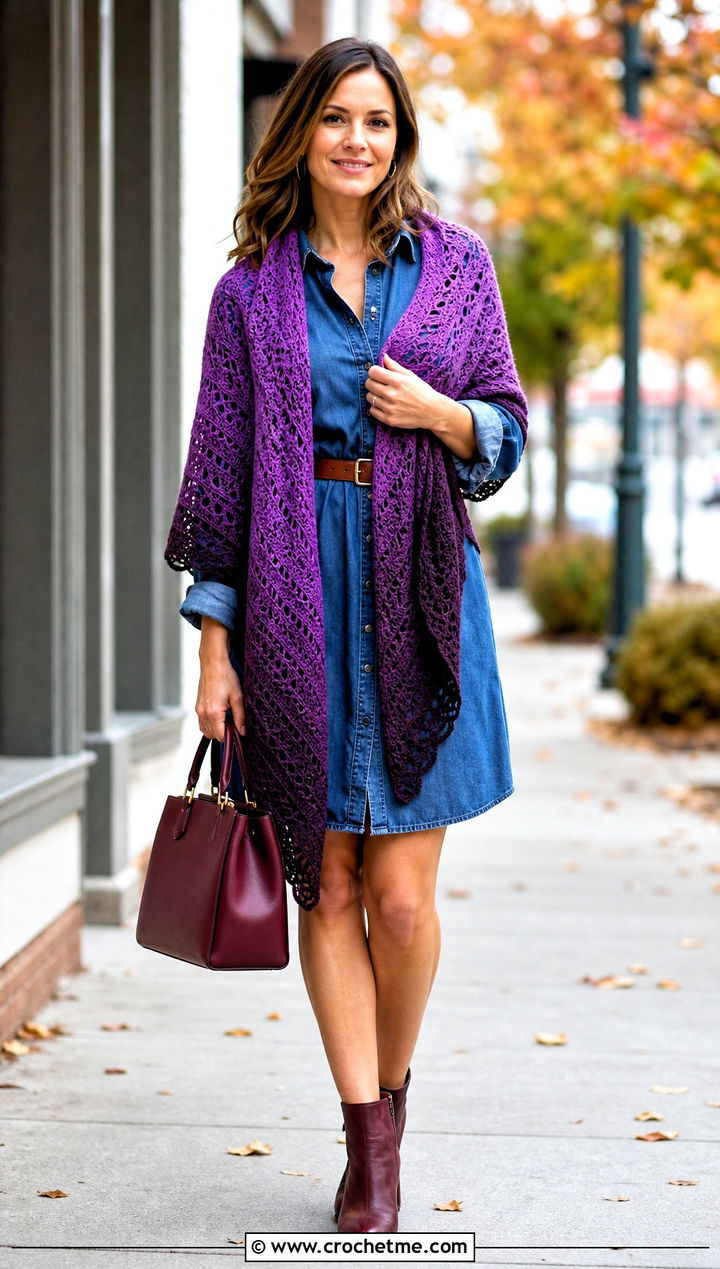Gradient Virus Shawl With Denim Dress - 35 crochet virus shawl outfit ideas