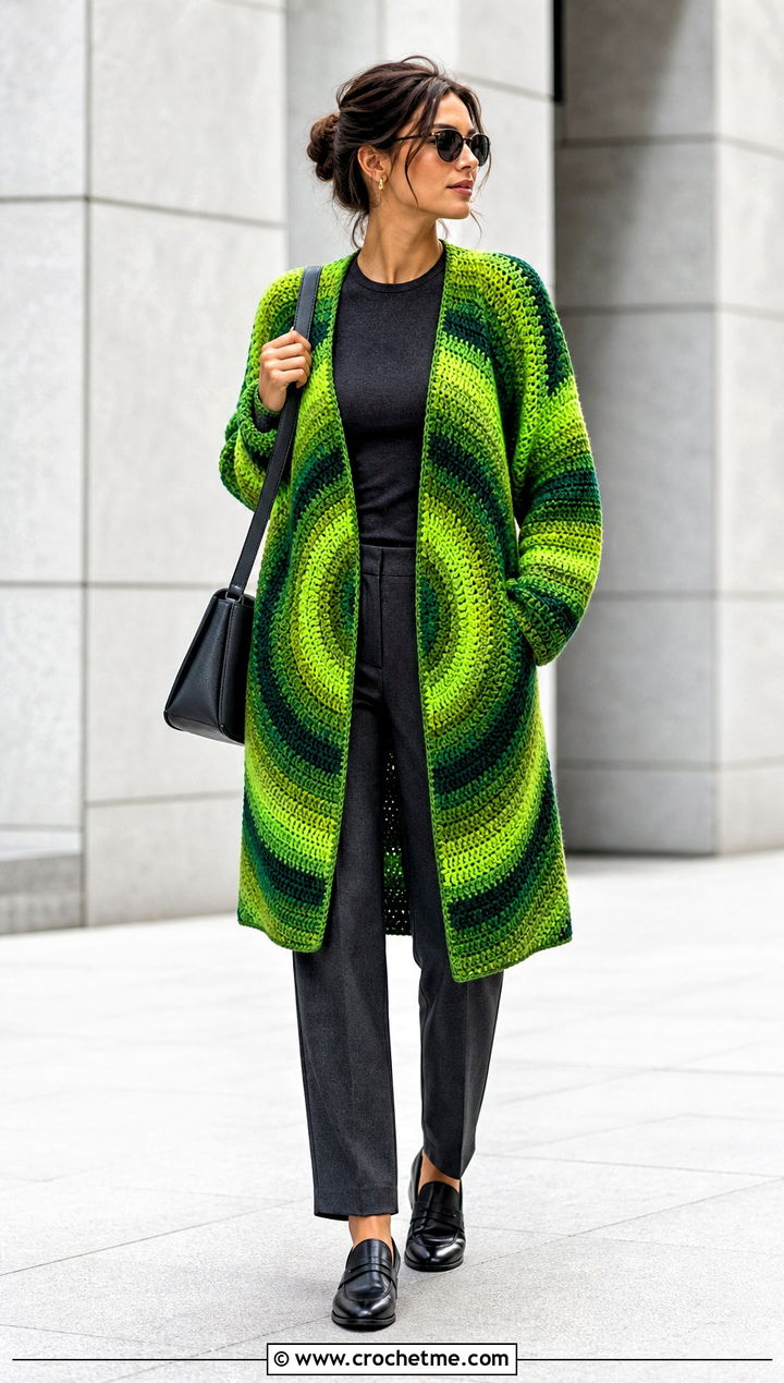 Gradient Whirl Circle Cardigan With Monochrome Basics - 30 crochet circle cardigan outfit ideas