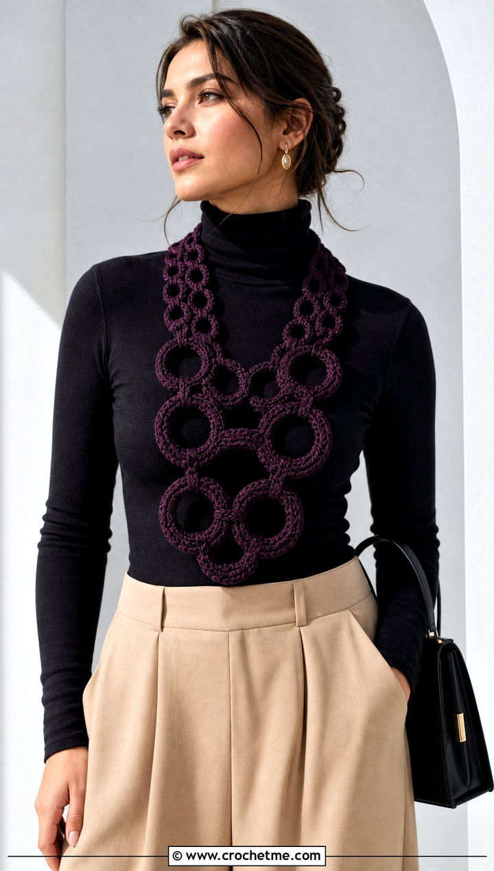 Graduated Link Scarf With Turtleneck And Wide Leg Pants - 25 Crochet Chain Link Scarf outfit ideas