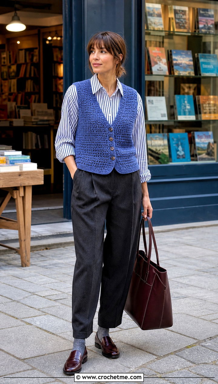 Grandad Crochet Waistcoat With Pleated Trousers - 35 crochet waist coat outfit ideas