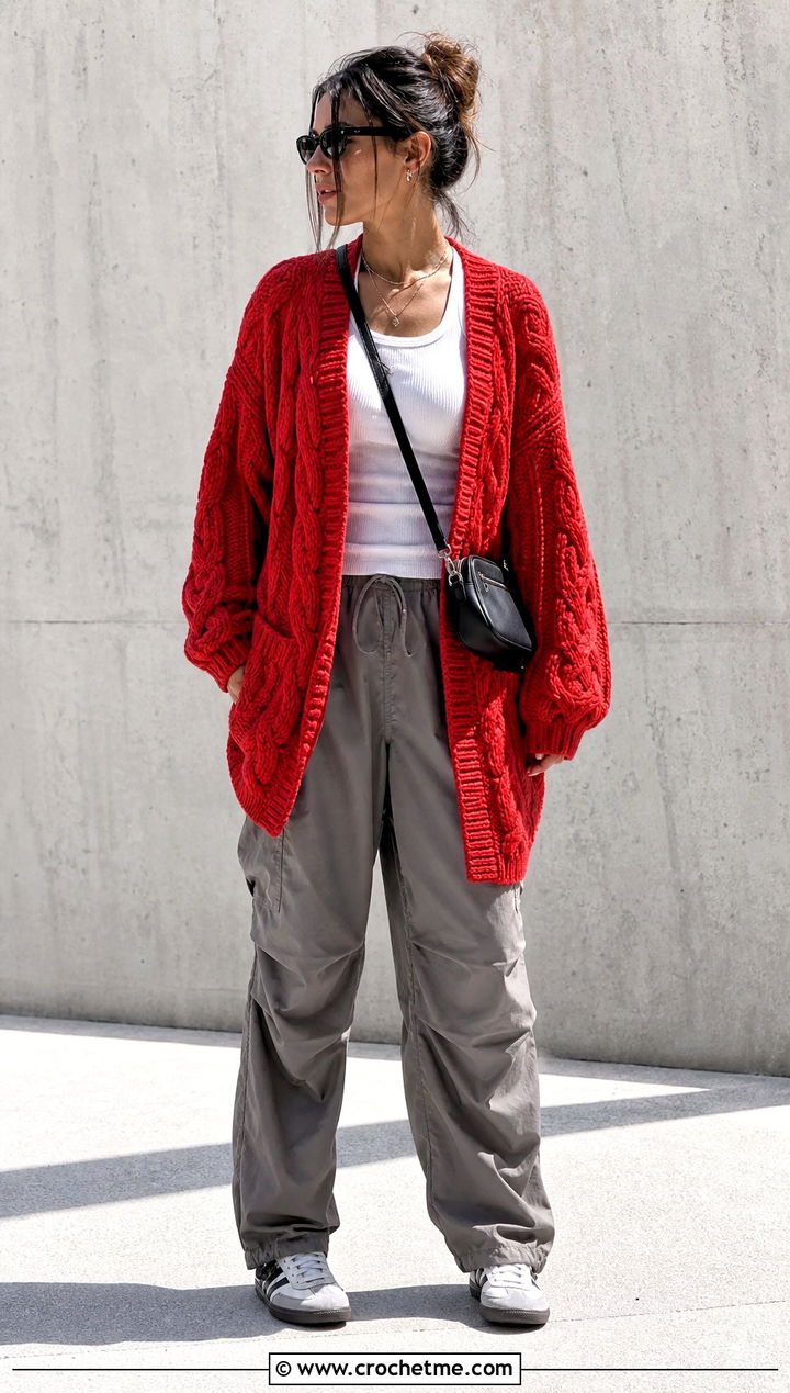 Grandpa Cable Crochet Cardigan With Parachute Pants - 25 Crochet Cable Cardigan outfit ideas