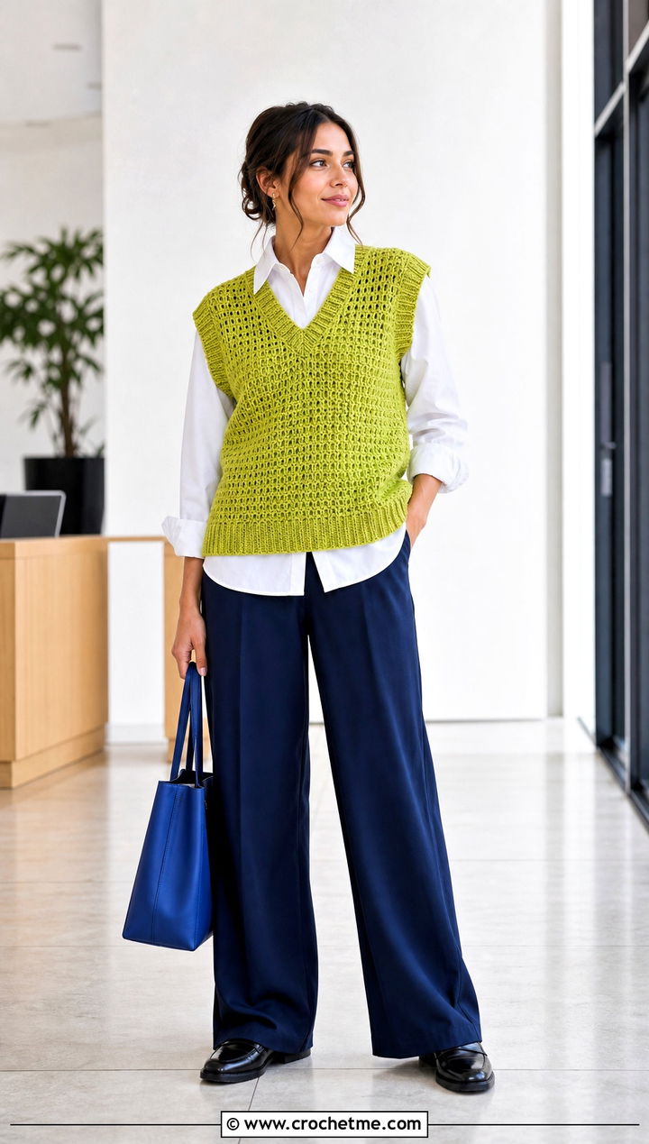 Grandpa Crochet Sweater Vest With White Shirt And Wide Leg Pants - 15 Grandpa Crochet Sweater outfit ideas