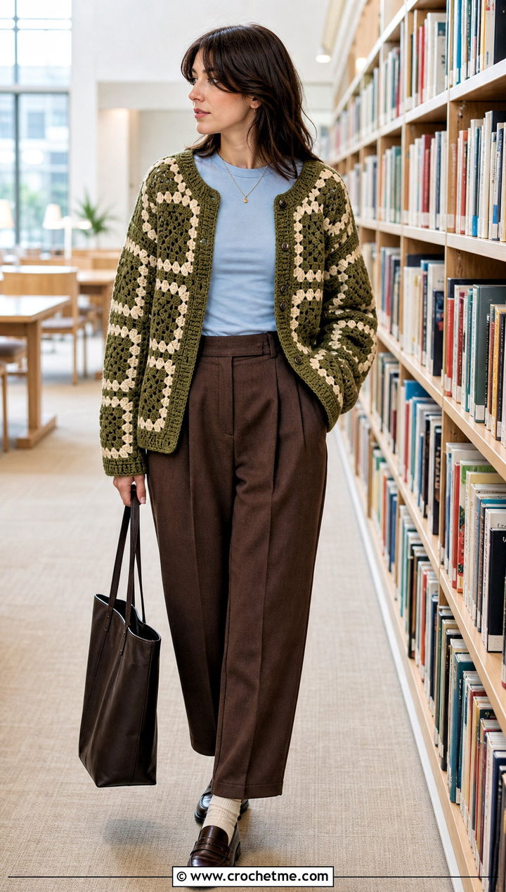 Grandpa Fit Granny Square Cardigan With Pleated Trousers - 20 Crochet Fall Granny Square Cardigan outfit ideas
