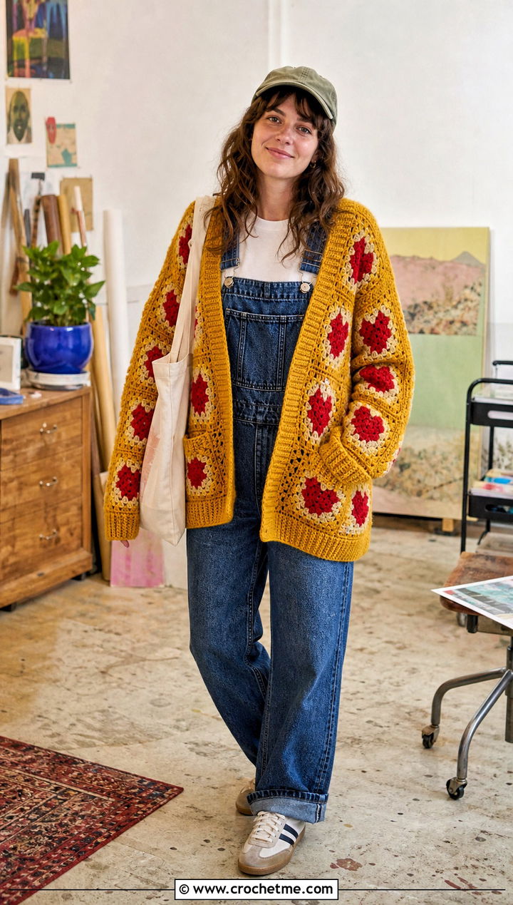 Grandpa Heart Granny Square Cardigan With Overalls - 35 Heart Granny Square Cardigan outfit ideas