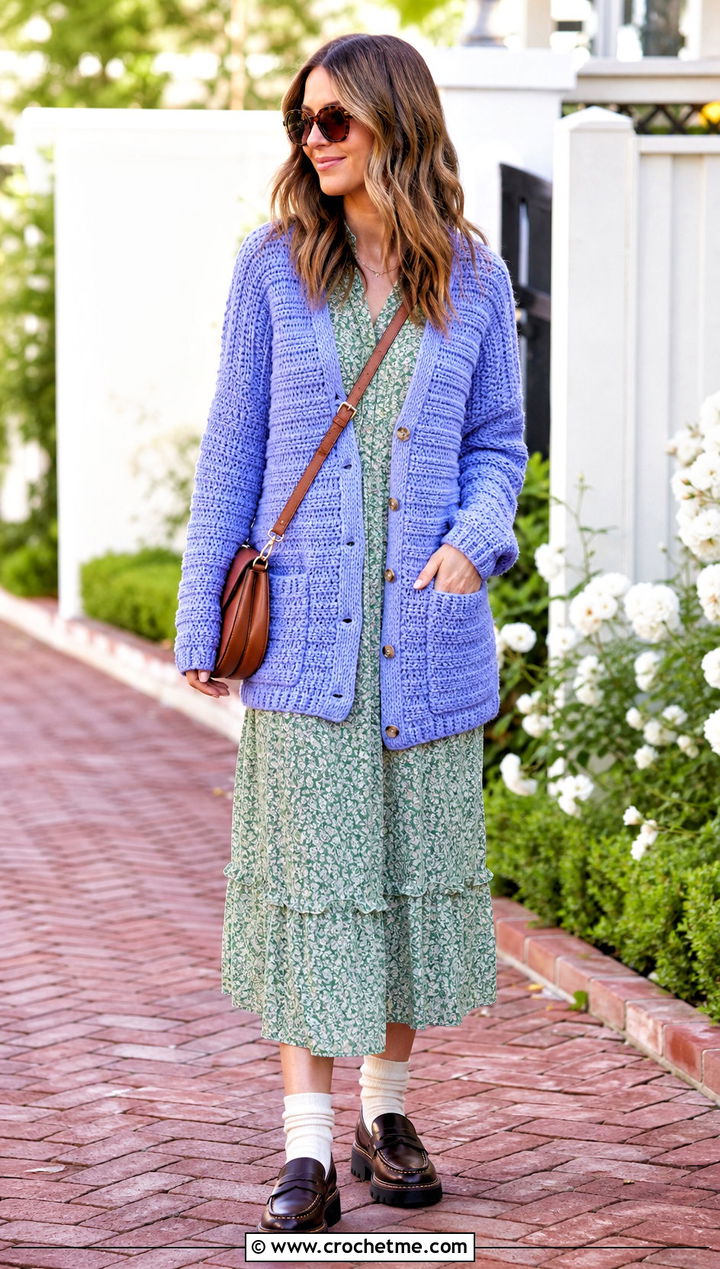 Grandpa Knit Look Crochet Cardigan With Floral Midi Dress - 25 Knit Look Crochet Cardigan outfit ideas