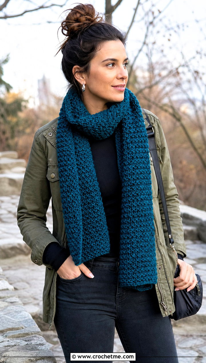 Granite Stitch Bonfire Scarf With Utility Jacket - 20 Crochet Bonfire Scarf outfit ideas