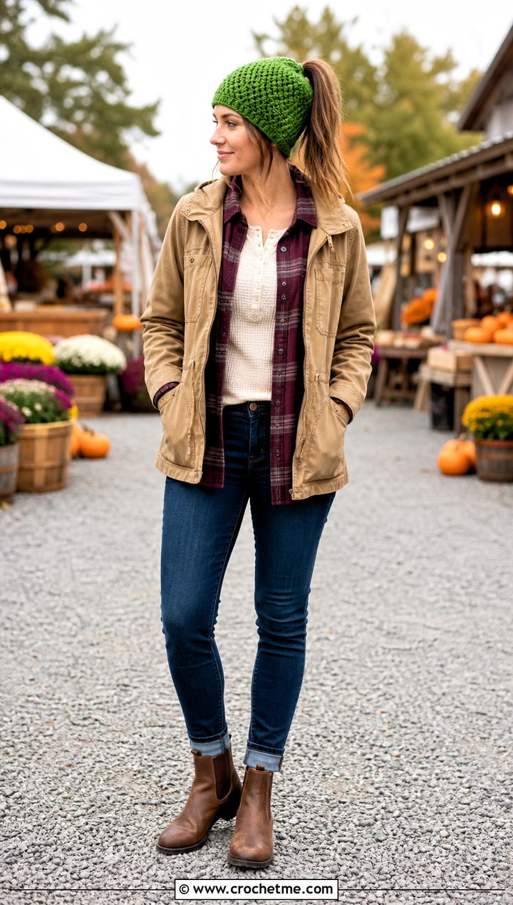 Granite Stitch Crochet Ponytail Hat With Flannel Shirt - 35 crochet ponytail hat outfit ideas