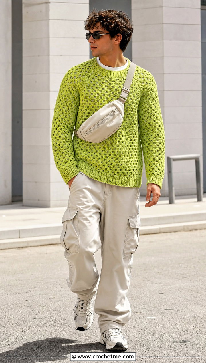 Granny Block Stitch Raglan Sweater With Cargo Pants - 20 Crochet Granny Raglan Sweater outfit ideas