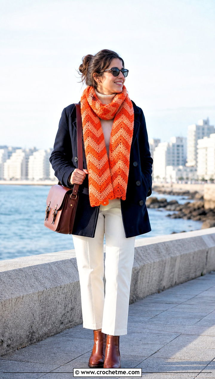Granny Chevron Scarf With Peacoat - 35 granny crochet scarf outfit ideas