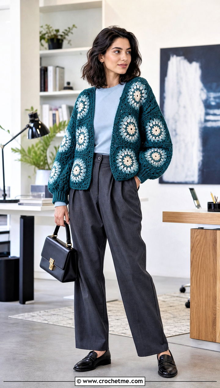 Granny Circle Crochet Cardigan With Tailored Trousers - 35 round crochet cardigan outfit ideas