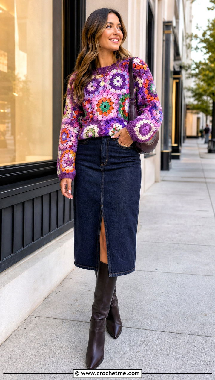 Granny Circle Crochet Sweater With Denim Midi Skirt - 25 Circle Crochet Sweater outfit ideas