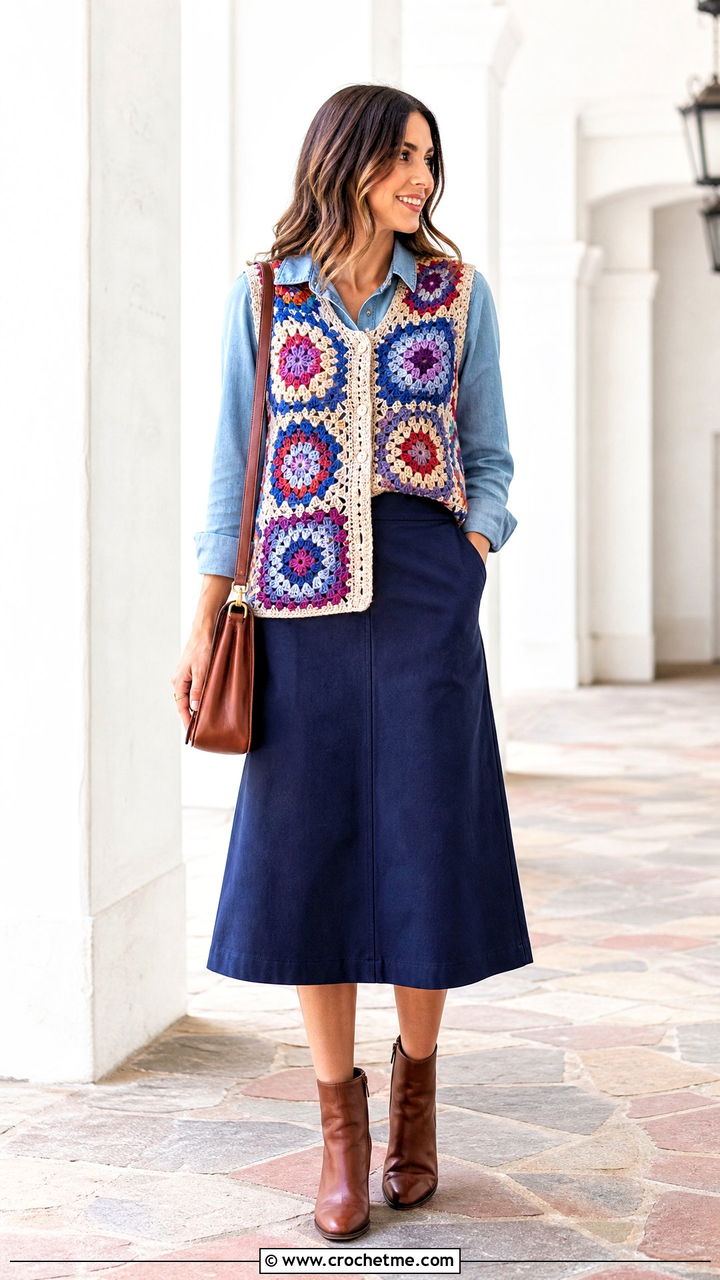 Granny Circle Crochet Vest With Denim Shirt And Midi Skirt - 35 crochet circle vest outfit ideas