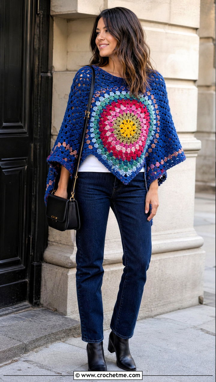 Granny Circle Poncho With Straight Leg Jeans - 25 Crochet Circular Poncho outfit ideas