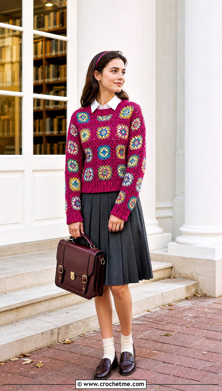 Granny Circle Sweater With Pleated Skirt - 25 crochet circle sweater outfit ideas