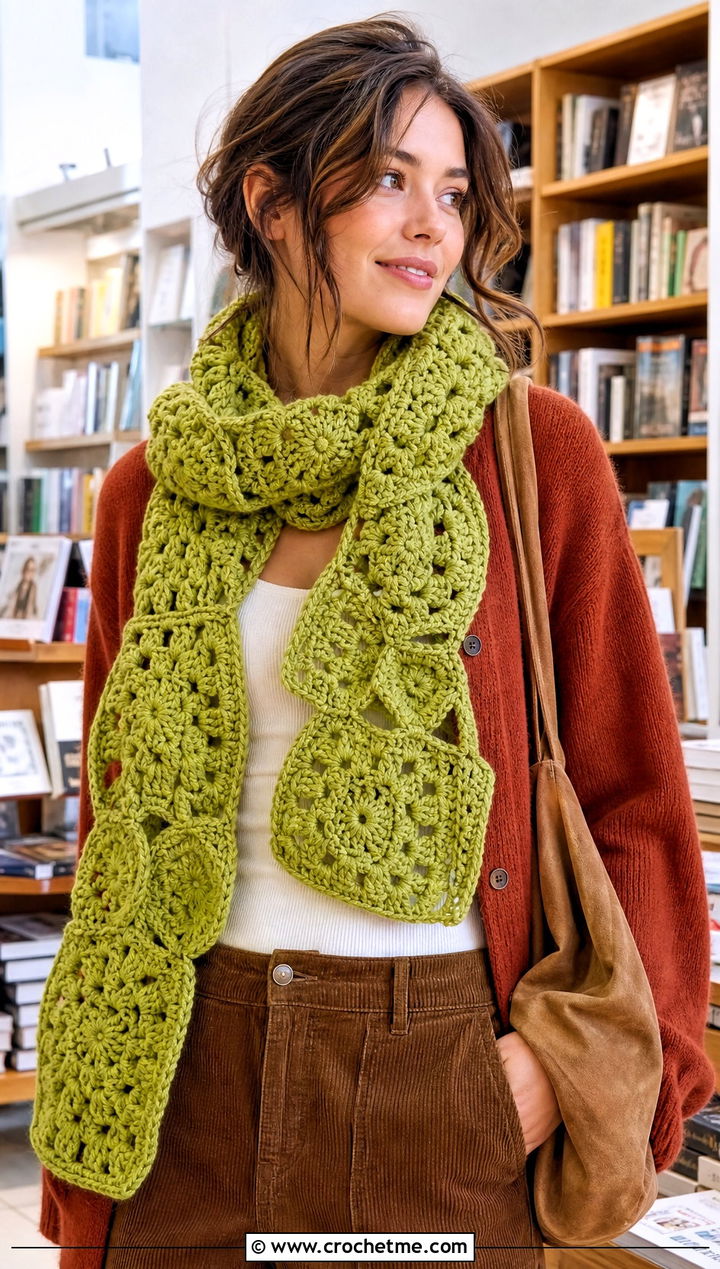 Granny Cluster Freeform Crochet Scarf With Cardigan And Corduroy Pants - 25 Freeform Crochet Scarf outfit ideas