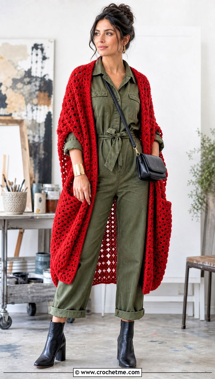 Granny Cluster Pocket Shawl With Utility Jumpsuit - 20 Granny Square Pocket Shawl outfit ideas