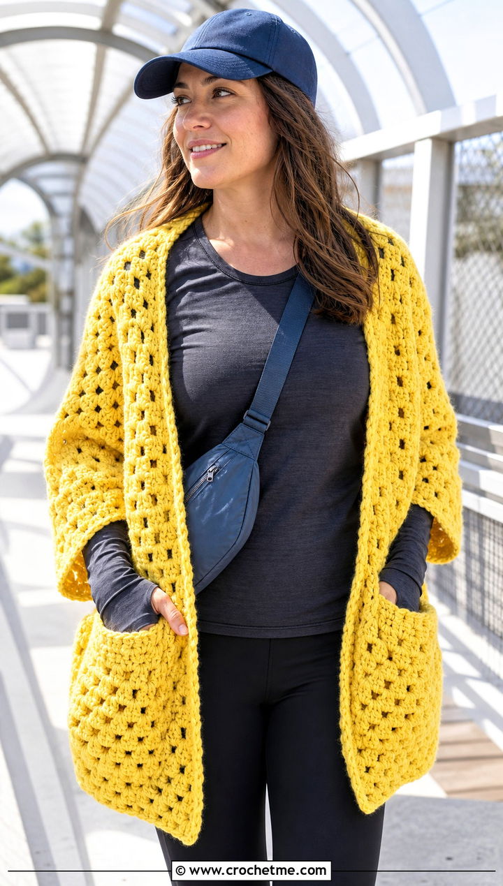 Granny Crochet Pocket Shawl With Leggings - 15 Granny Crochet Shawl outfit ideas
