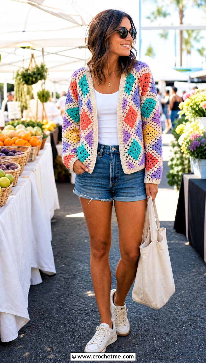 Granny Diamond Crochet Cardigan With Denim Shorts - 30 diamond crochet cardigan outfit ideas