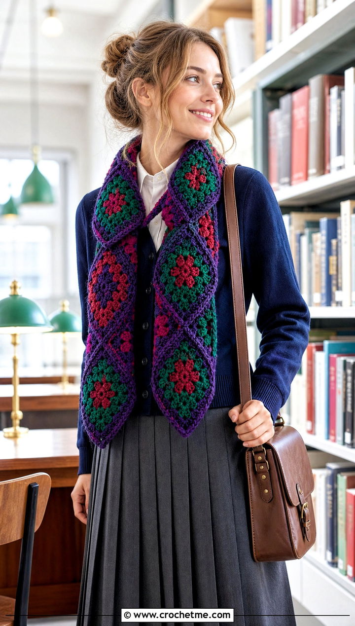 Granny Diamond Motif Scarf With Preppy Cardigan - 15 diamond crochet scarf outfit ideas