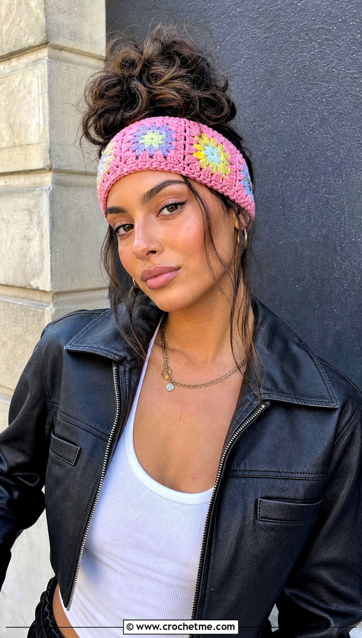 Granny Flower Crochet Headband With Leather Jacket - 15 crochet headband with flower design outfit ideas