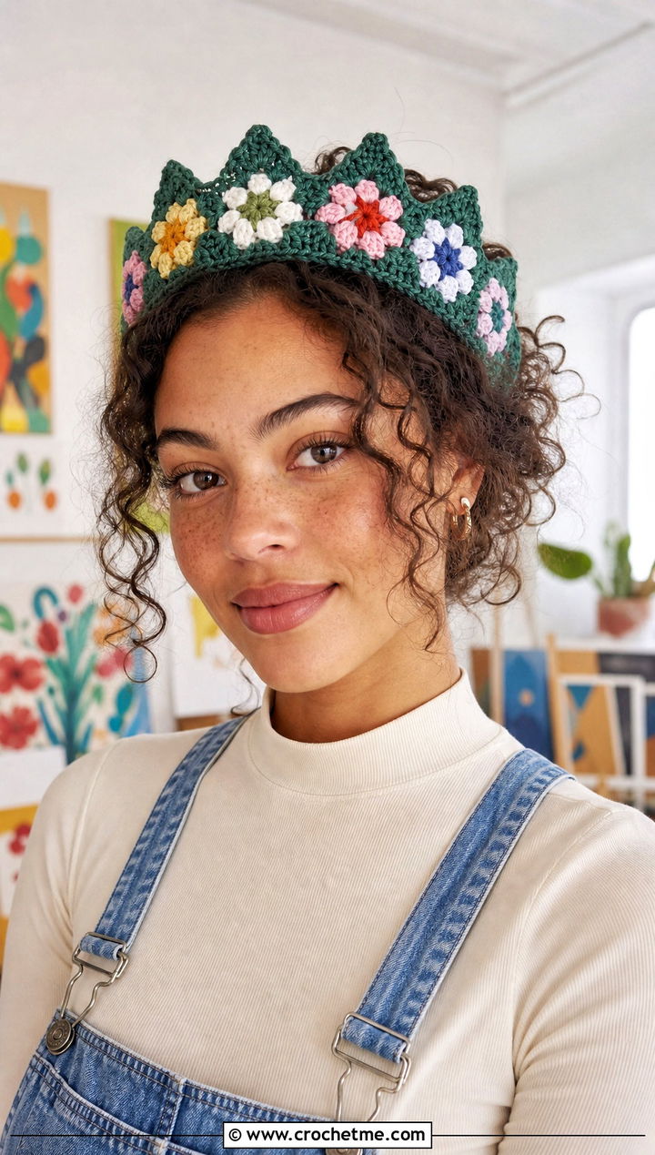 Granny Flower Crochet Tiara Headband With Denim Overalls - 30 crochet tiara headband outfit ideas