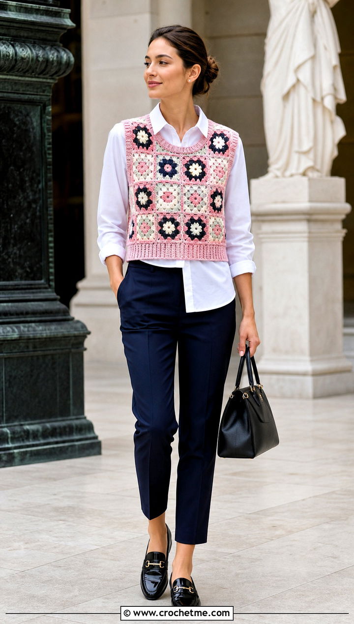 Granny Flower Vest Top With White Shirt And Loafers - 15 Flower Crochet Top outfit ideas