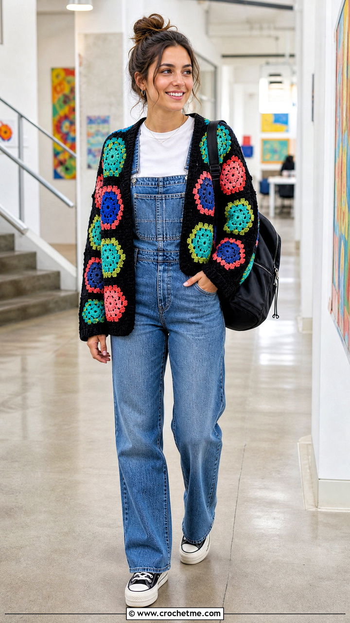Granny Hexagon Black Crochet Cardigan With Overalls - 35 black crochet cardigan outfit ideas