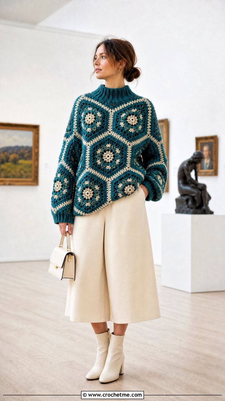 Granny Hexagon Crochet Sweater With Culottes - 35 fall crochet sweater outfit ideas