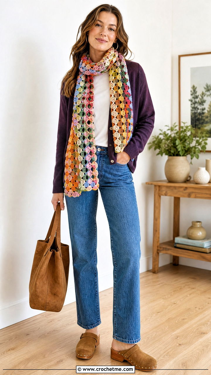 Granny Lace Crochet Scarf With Cardigan And Straight Leg Jeans - 35 crochet lace scarf outfit ideas