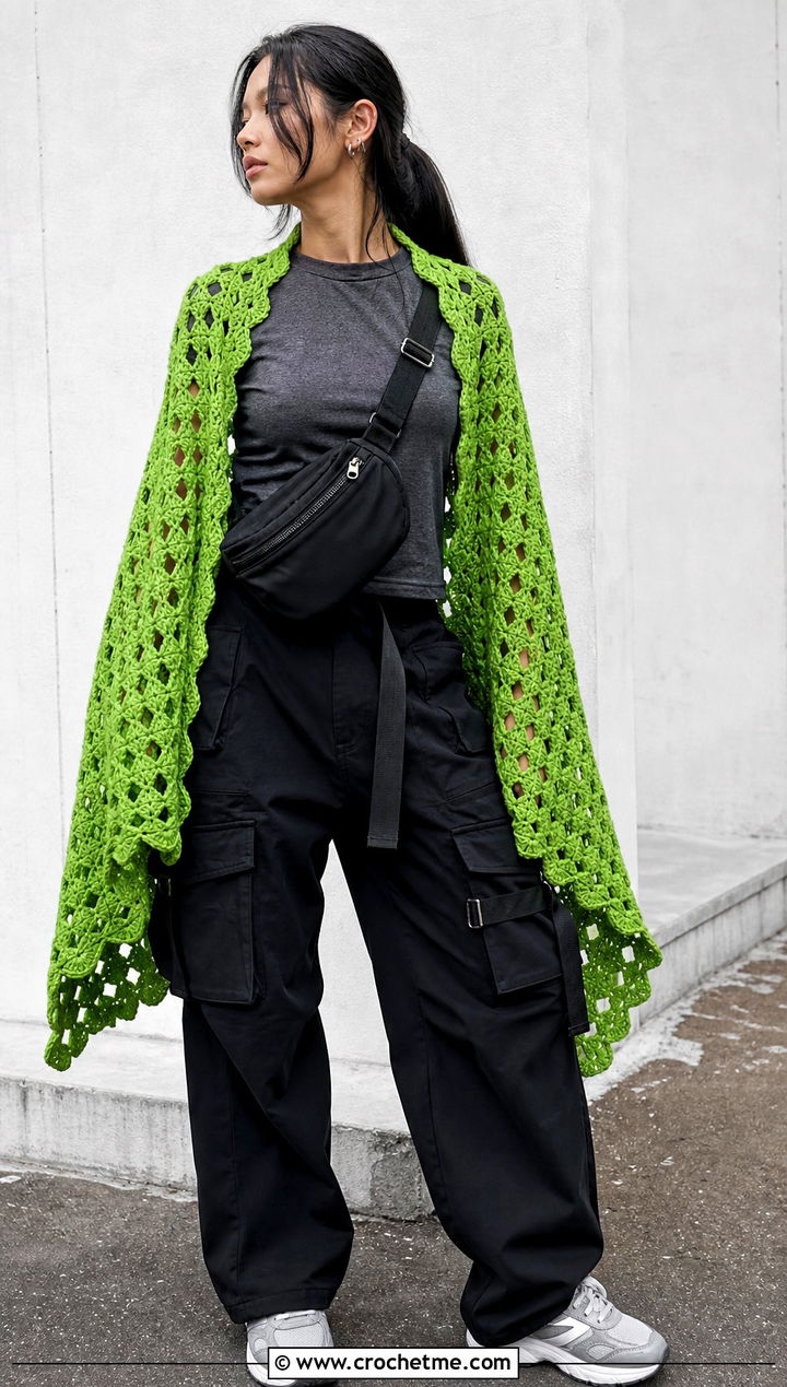 Granny Lace Crochet Shawl With Cargo Pants - 15 Easy Lacy Crochet Shawl outfit ideas