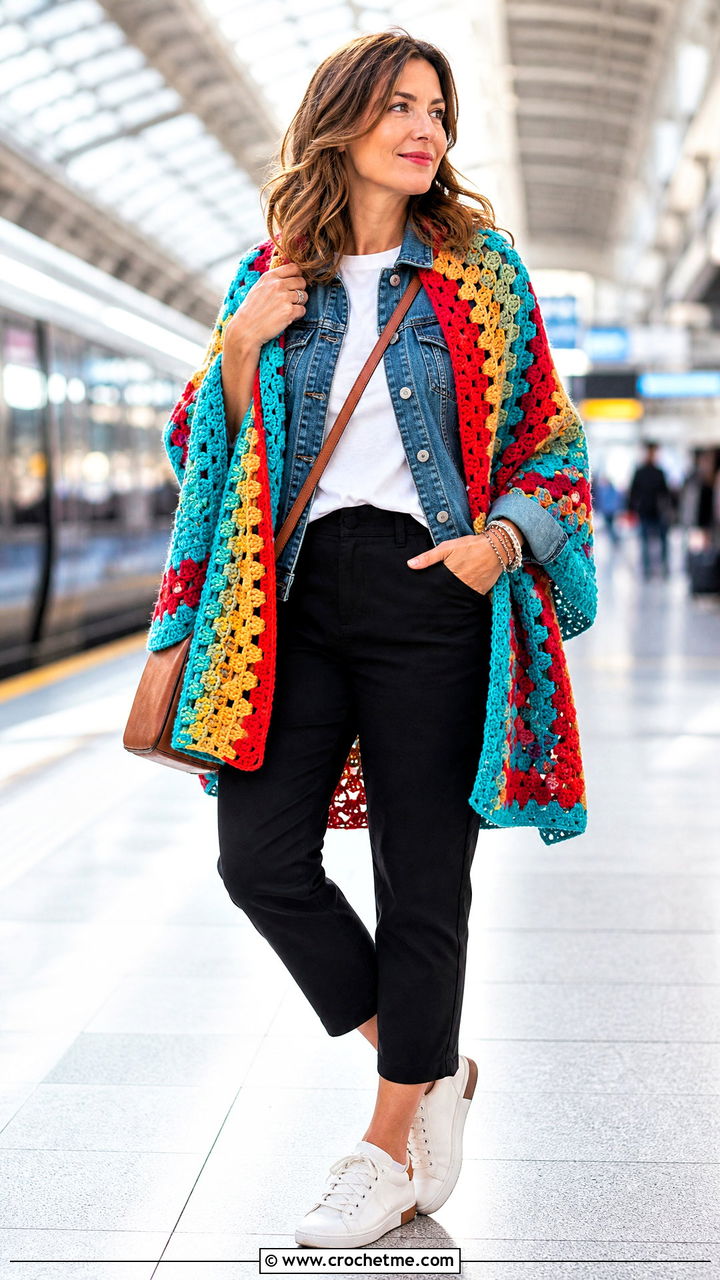 Granny Lace Crochet Shawl With Denim Jacket - 35 lacy crochet shawl outfit ideas